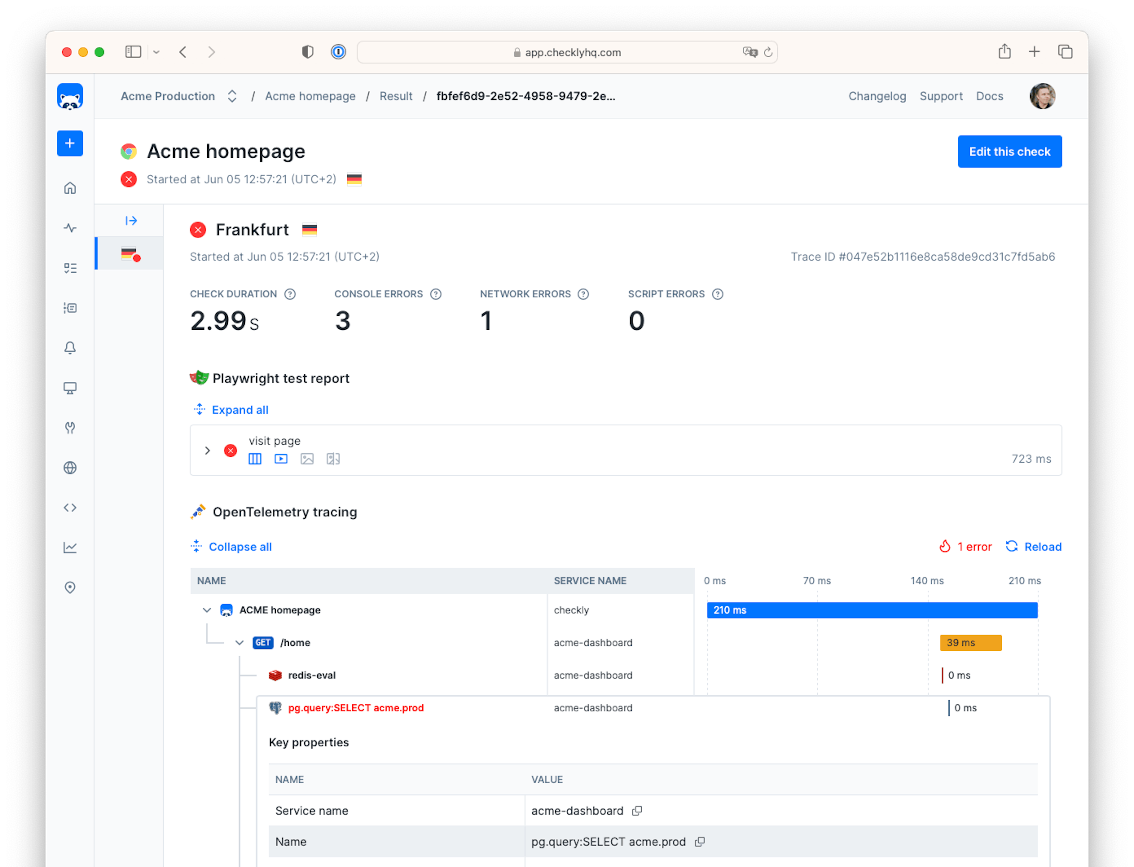 Checkly traces result screen