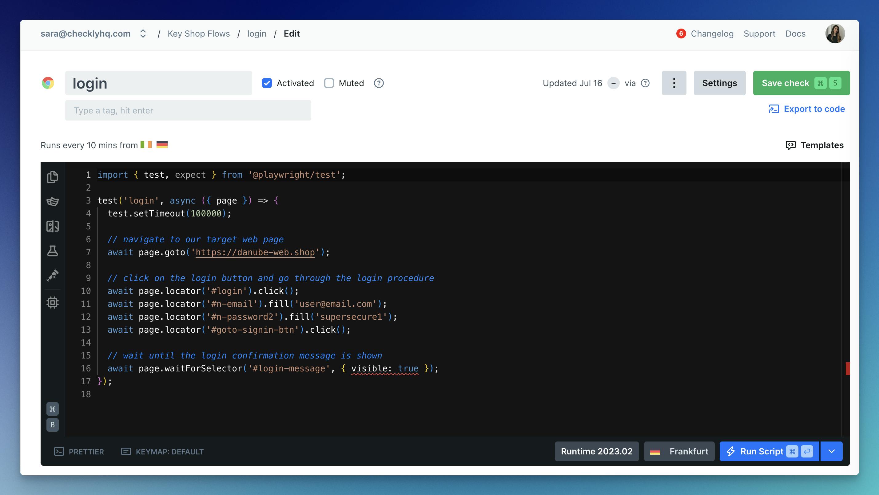 An example of a login flow monitor defined as code 