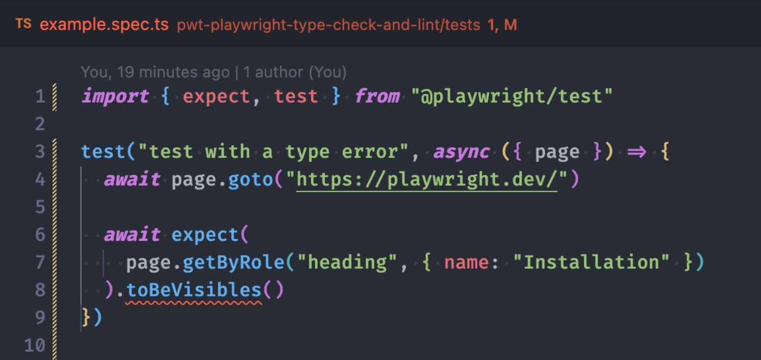 VS Code showing a type error in a Playwright test.