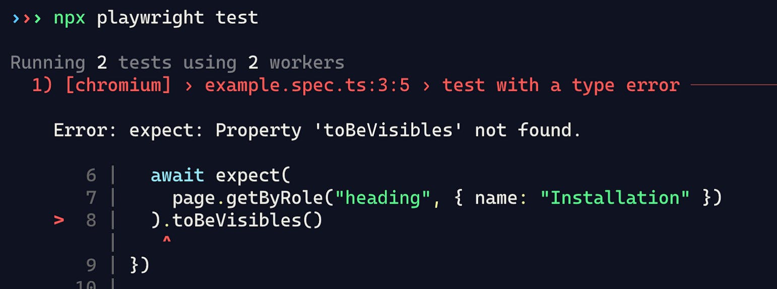 Result of `npx playwright test` showing that there's a typo in one assertion.