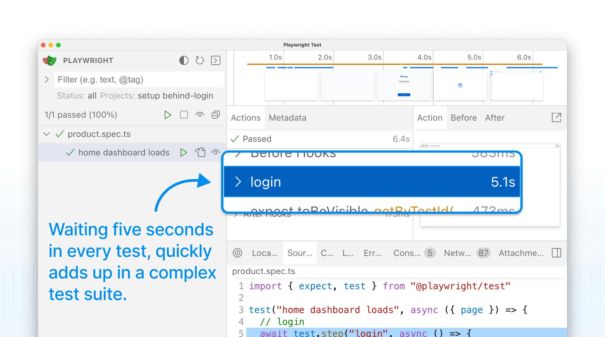 Playwright UI mode showing that 5s delay quickly adds up in a complex test suite.