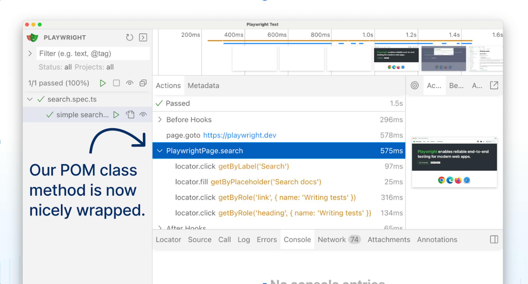 Playwright UI mode including test steps that are named after the POM class and method name.