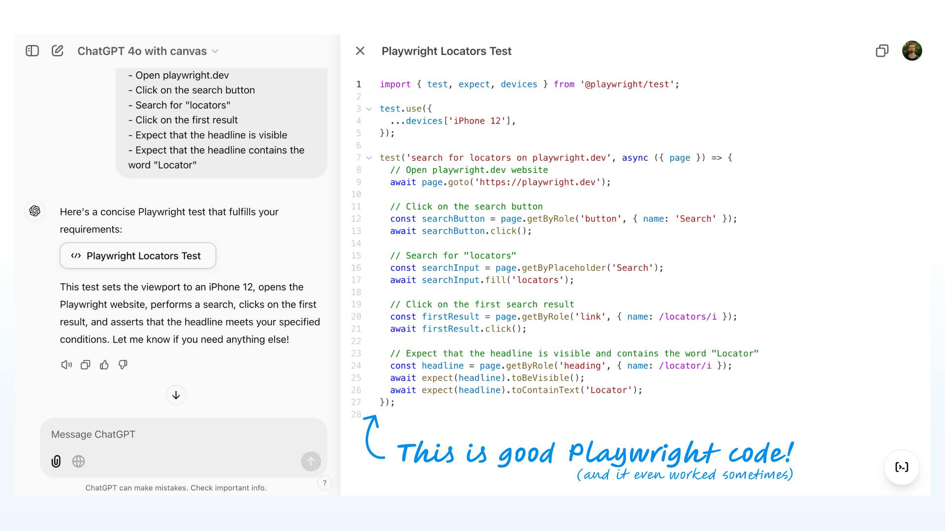 ChatGPT generating good Playwright code.