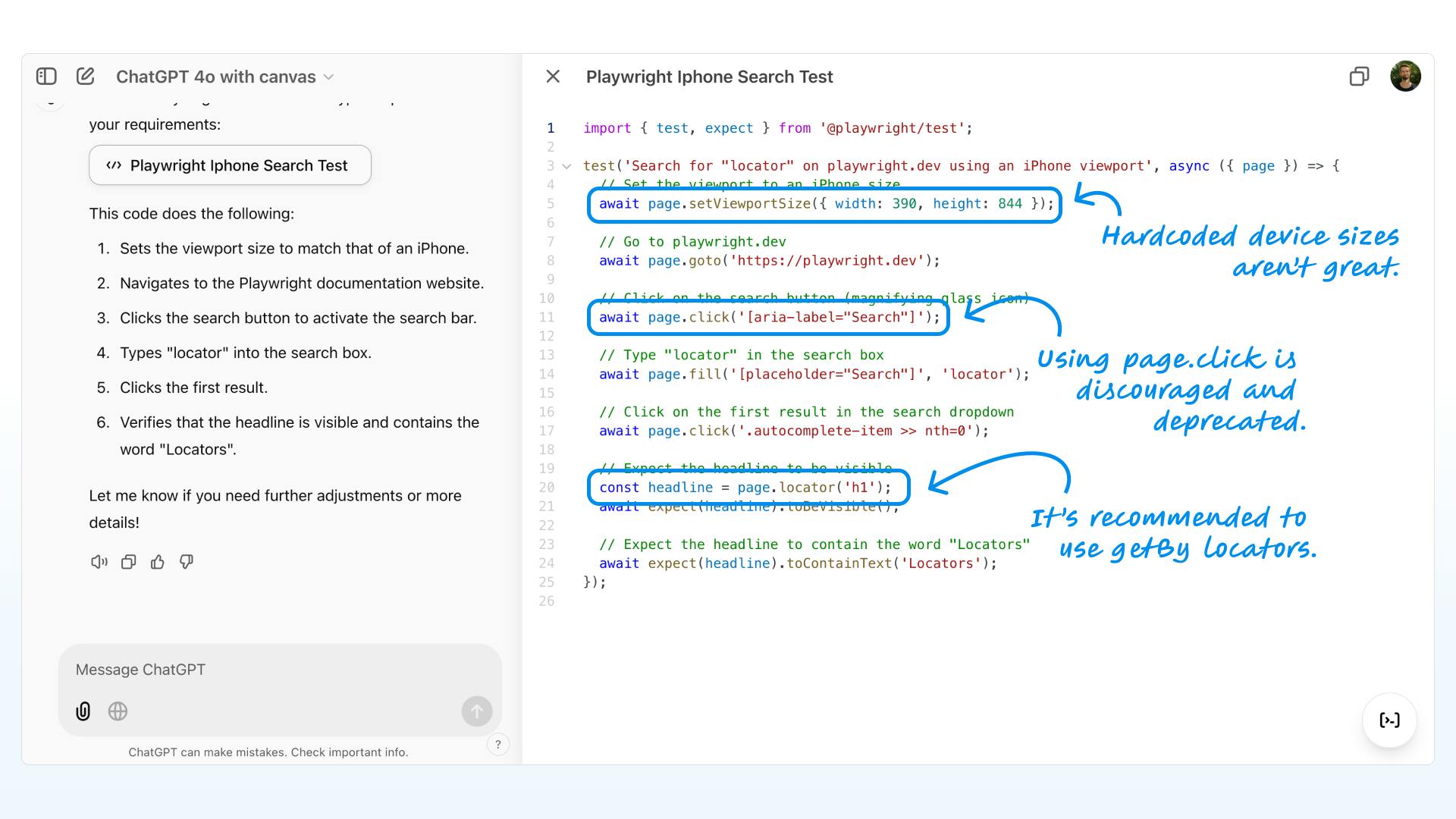 Generated Playwright code with many issues.