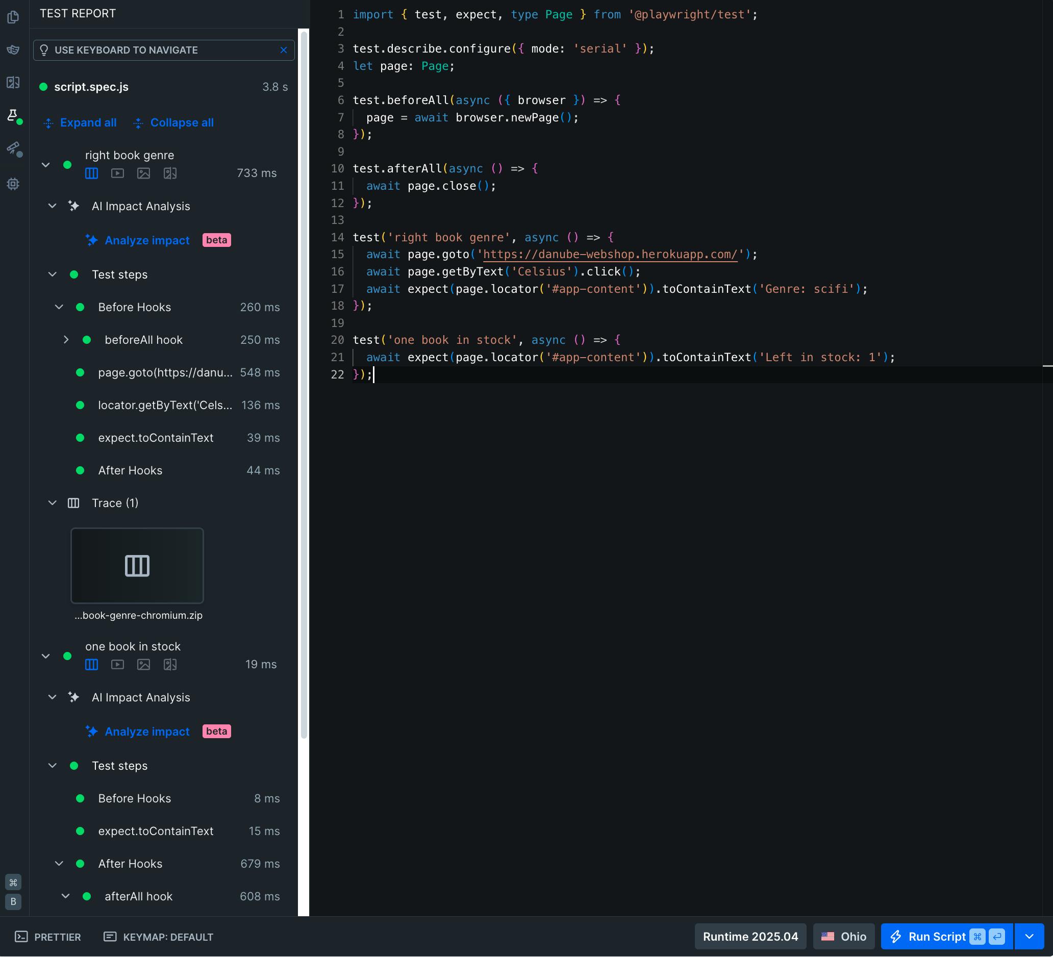 Checkly edit check tool showing a successful check run, with two separate tests within one check run