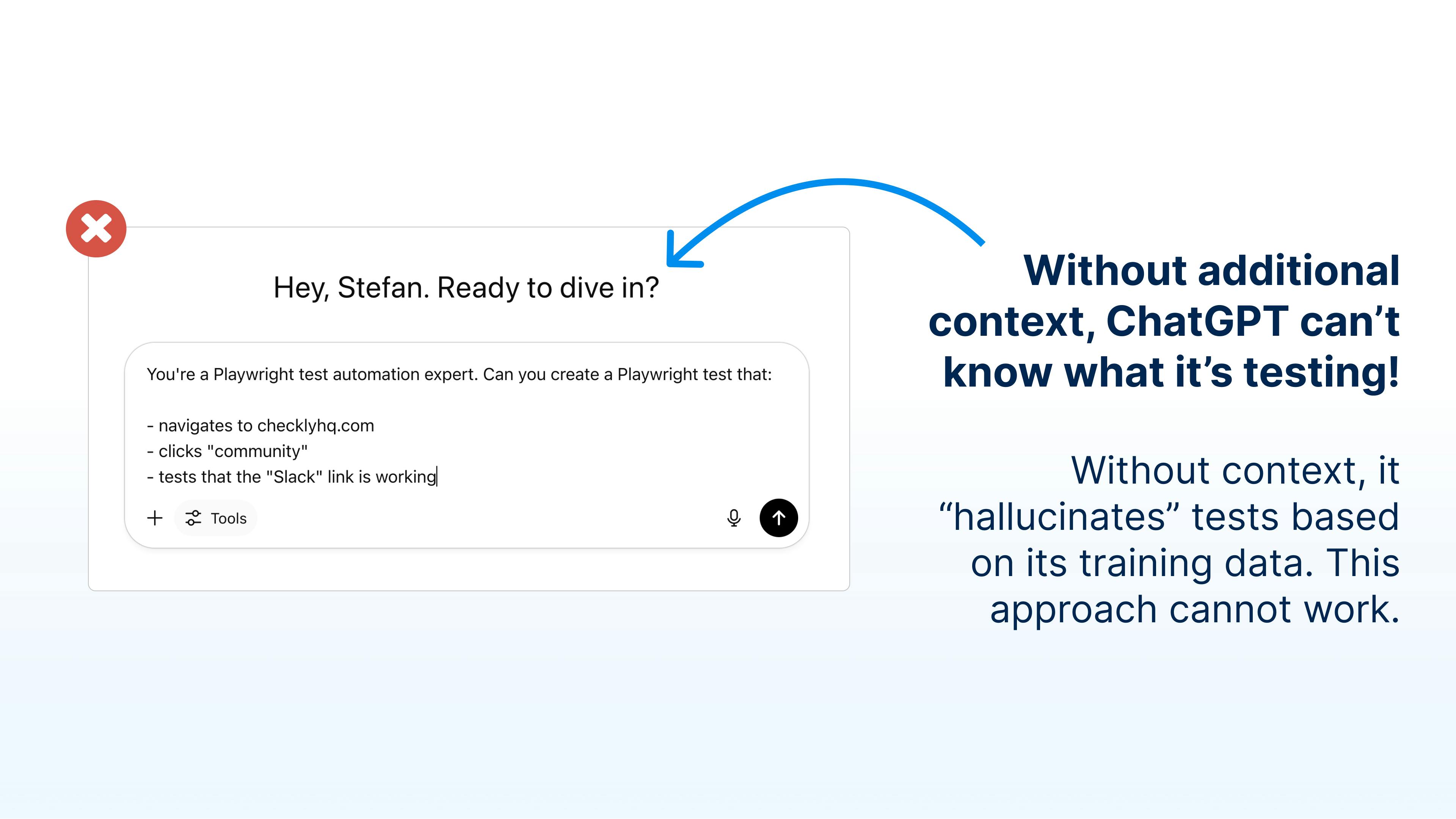 Without additional context, ChatGPT can't know what it's testing! Without context, it "hallucinates" tests based on its training data. This approach cannot work.