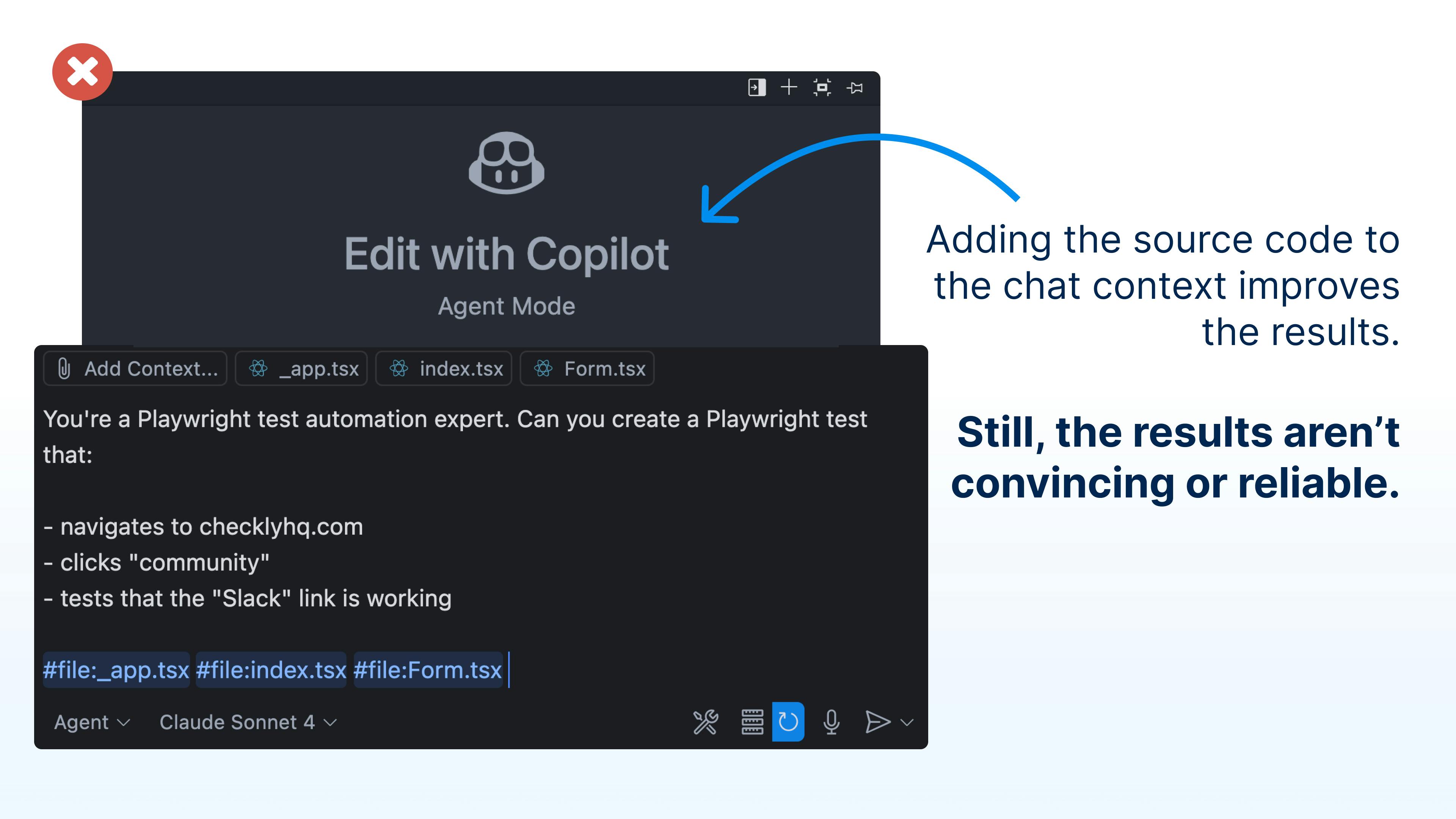 Adding the source code to the chat context improves the results. Still, the results aren't convincing or reliable.