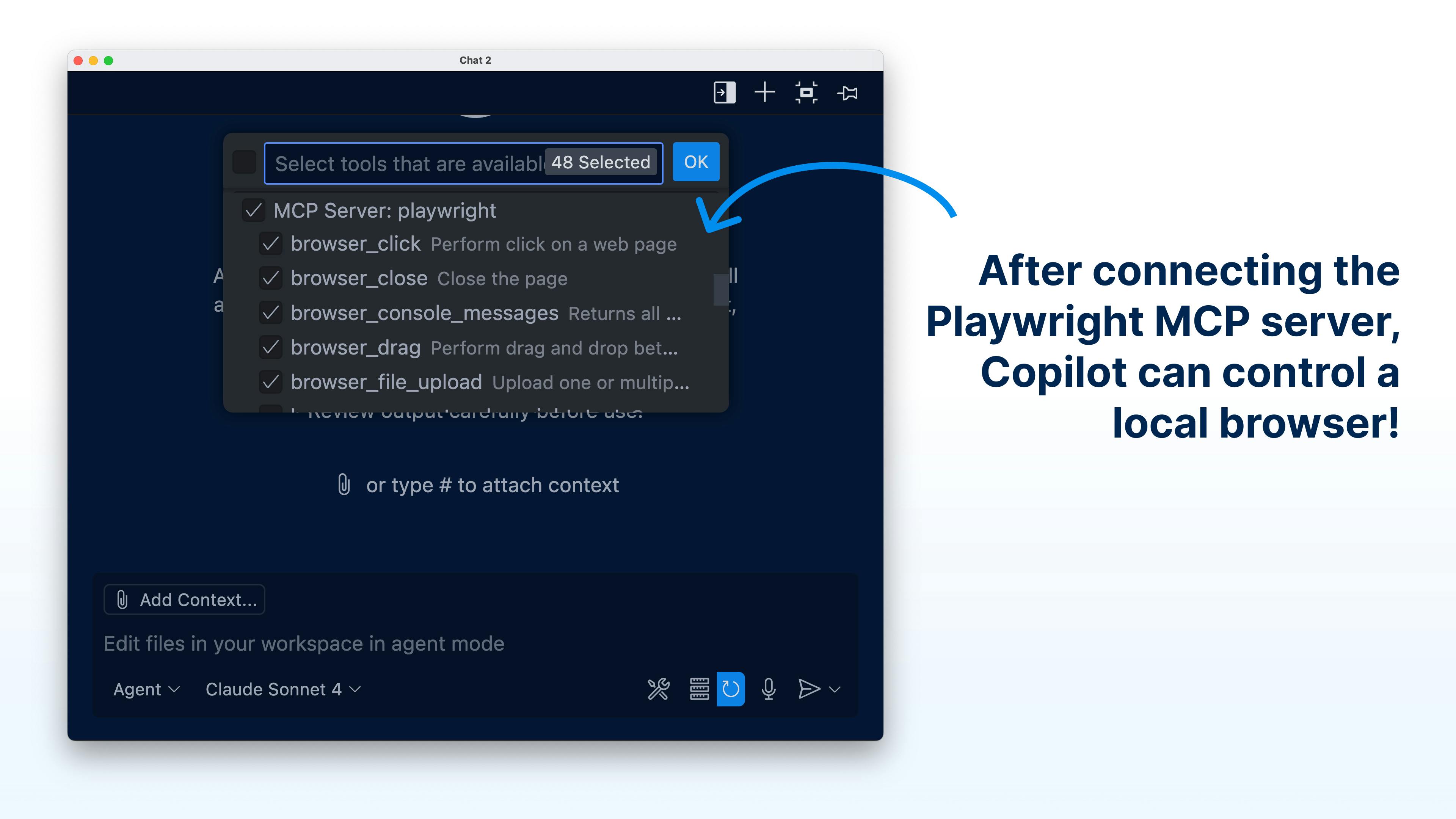 After connecting the Playwright MCP server, Copilot can control a local browser!