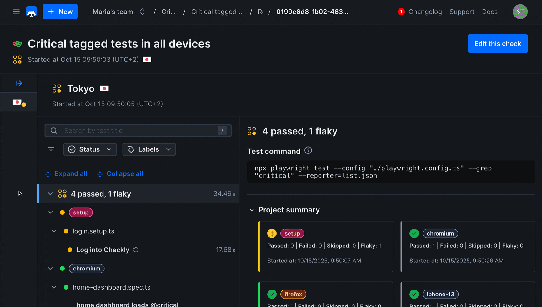 Playwright trace viewer in the Checkly UI. It shows all Playwright steps, errors, logs and the network waterfall.