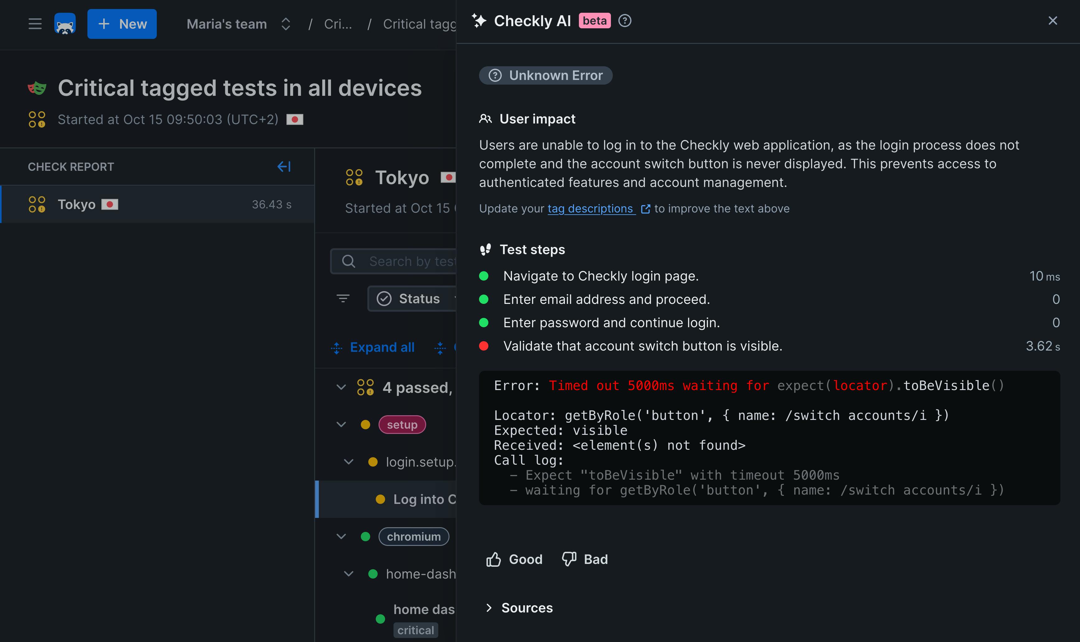 Checkly AI error analysis giving clues about the error impact and causes.