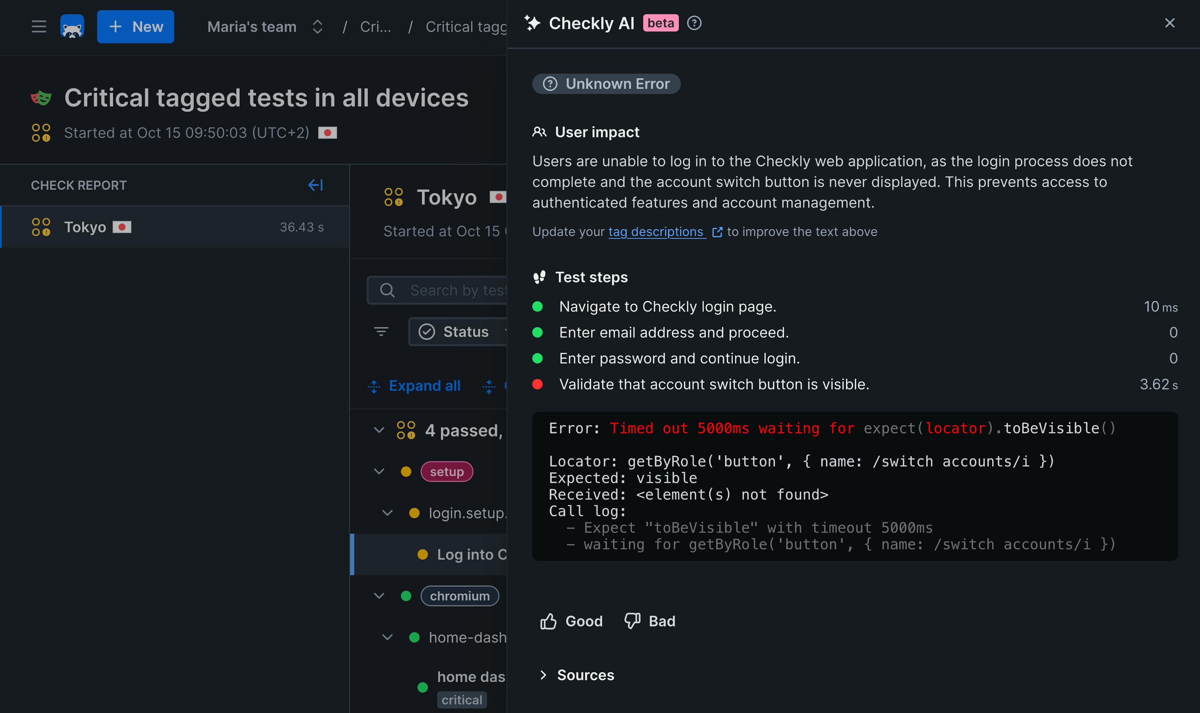 Checkly AI error analysis giving clues about the error impact and causes.