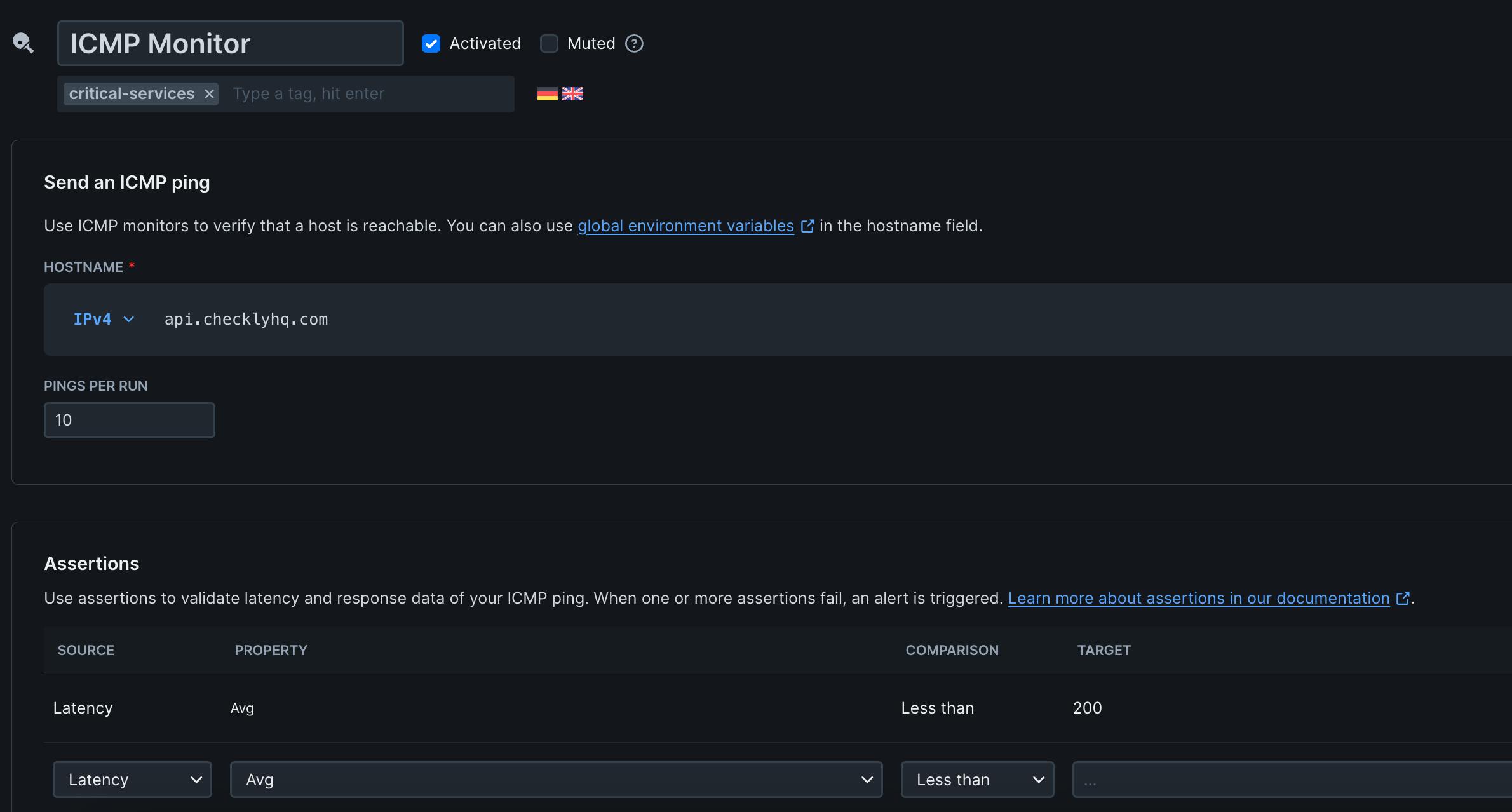 ICMP monitor creating screen