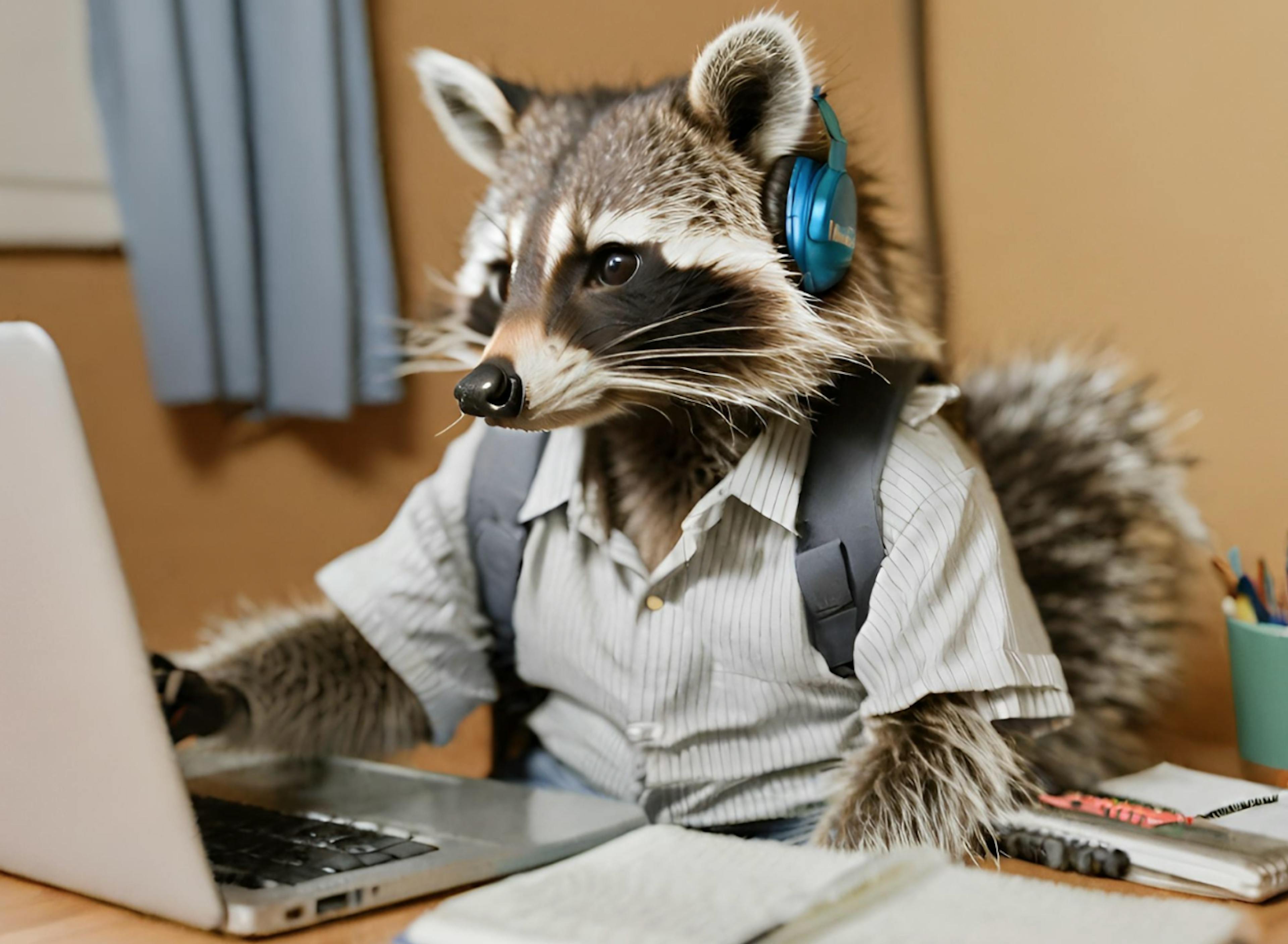 A raccoon sitting in front of a laptop with headphones on