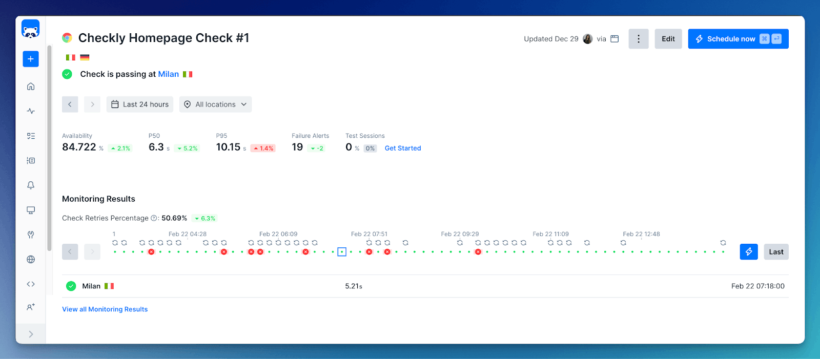 A screenshot of Checkly's UI showing the screen where you monitor your browser checks