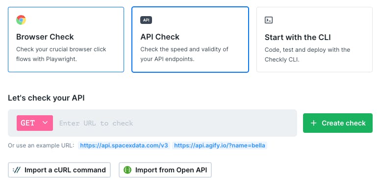 Checkly Onboarding modal enabling to define an API check