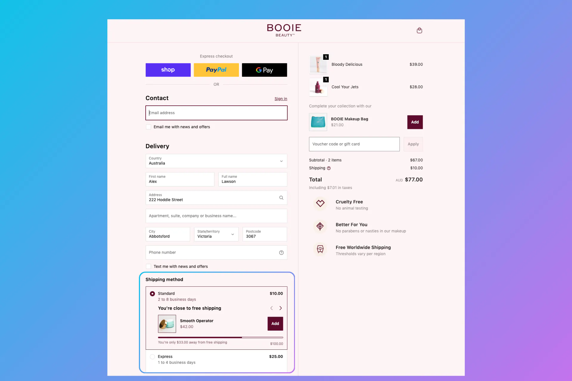 Booie Beauty Free Shipping Upsell
