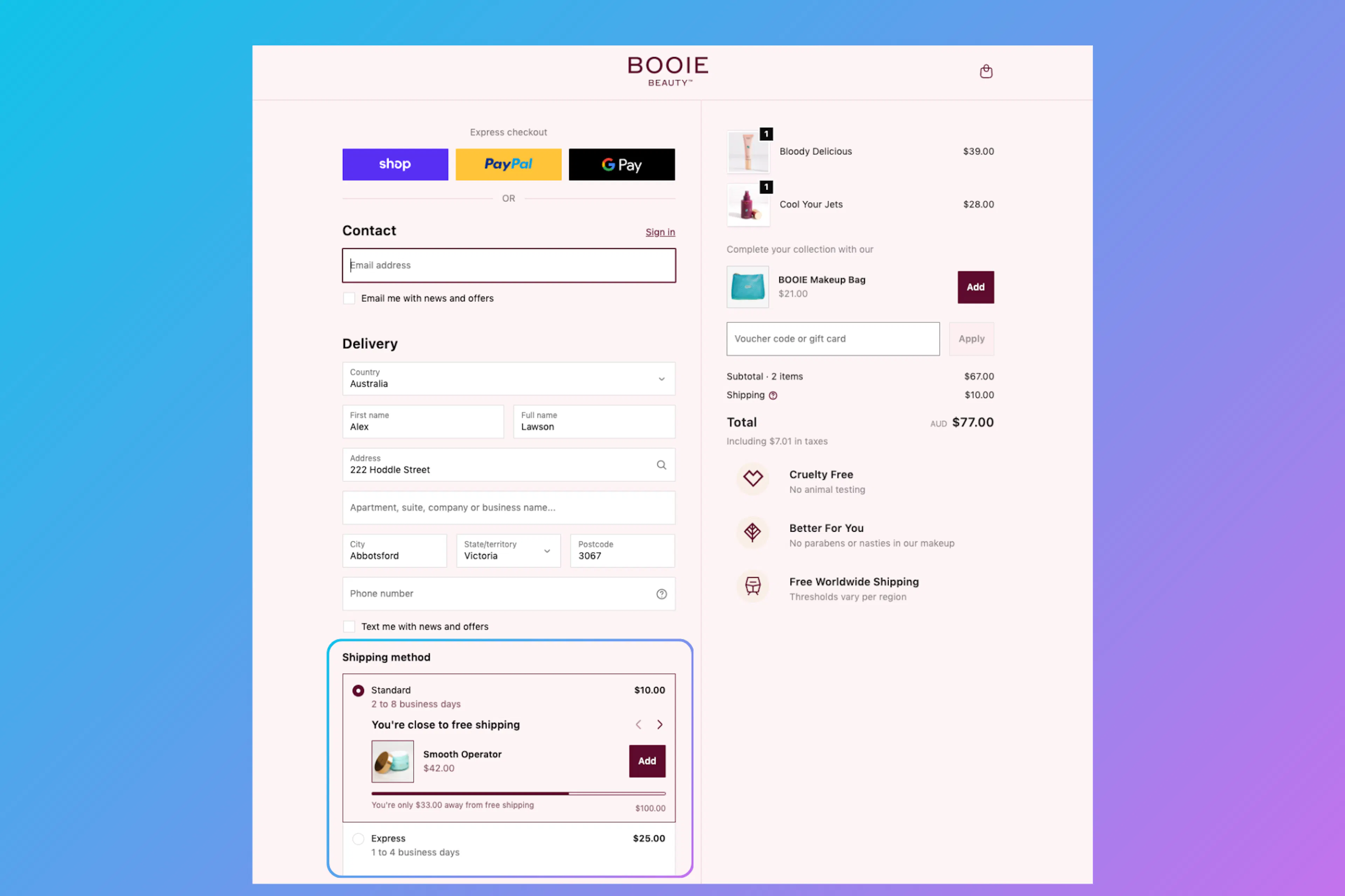 Booie Beauty Free Shipping Upsell