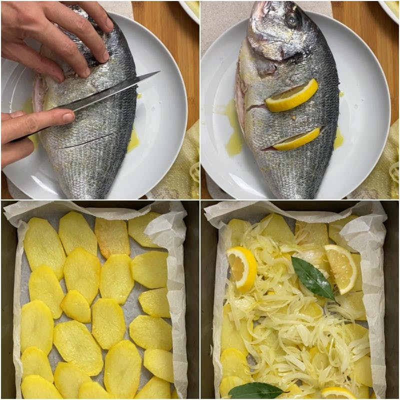 Collage cooking sea bass