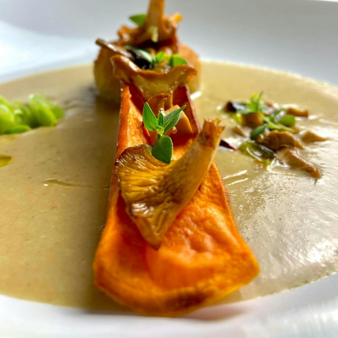 Chanterelles soup, Mushrooms croquette and crispy Sweet Potato Chef H