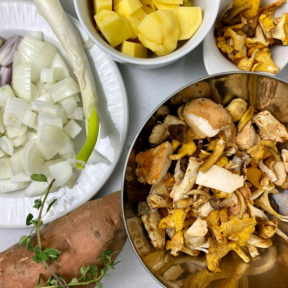 Chanterelles soup, mushrooms croquette and sweet potato ingredients