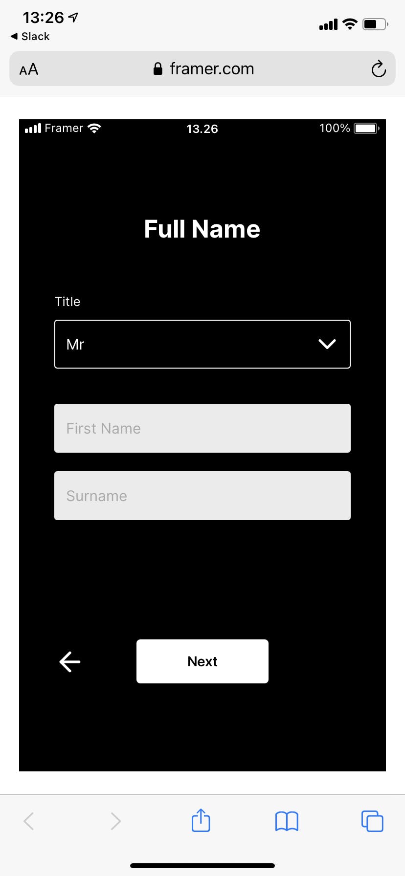 Framer online on mobile being used for previewing a mobile app