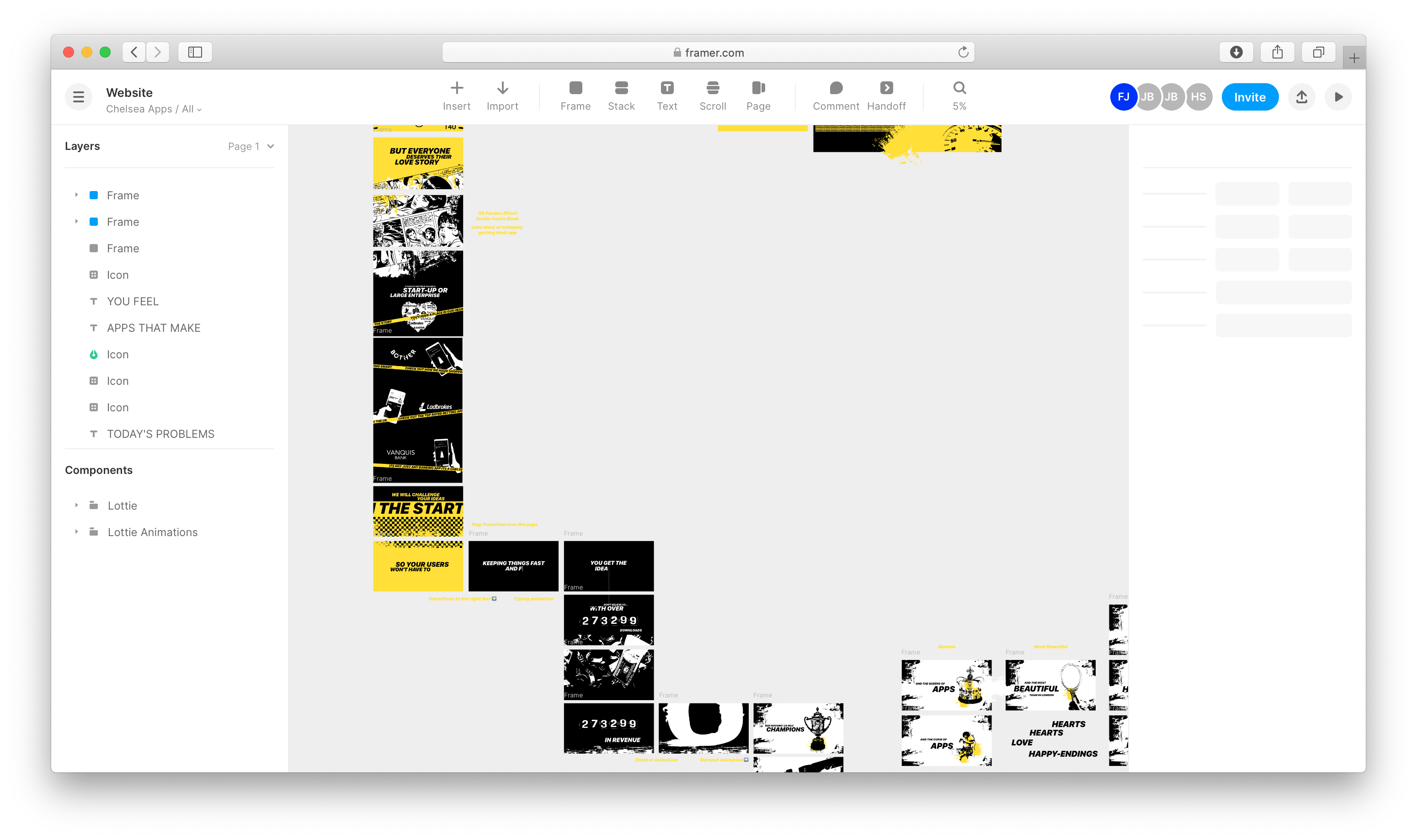 Framer online being used for a website prototype