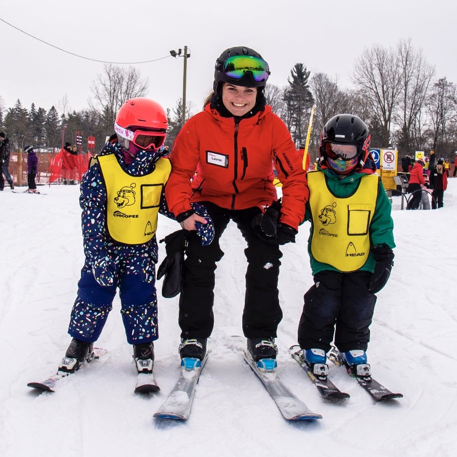 Chicopee Instructor with two younger students learning to ski