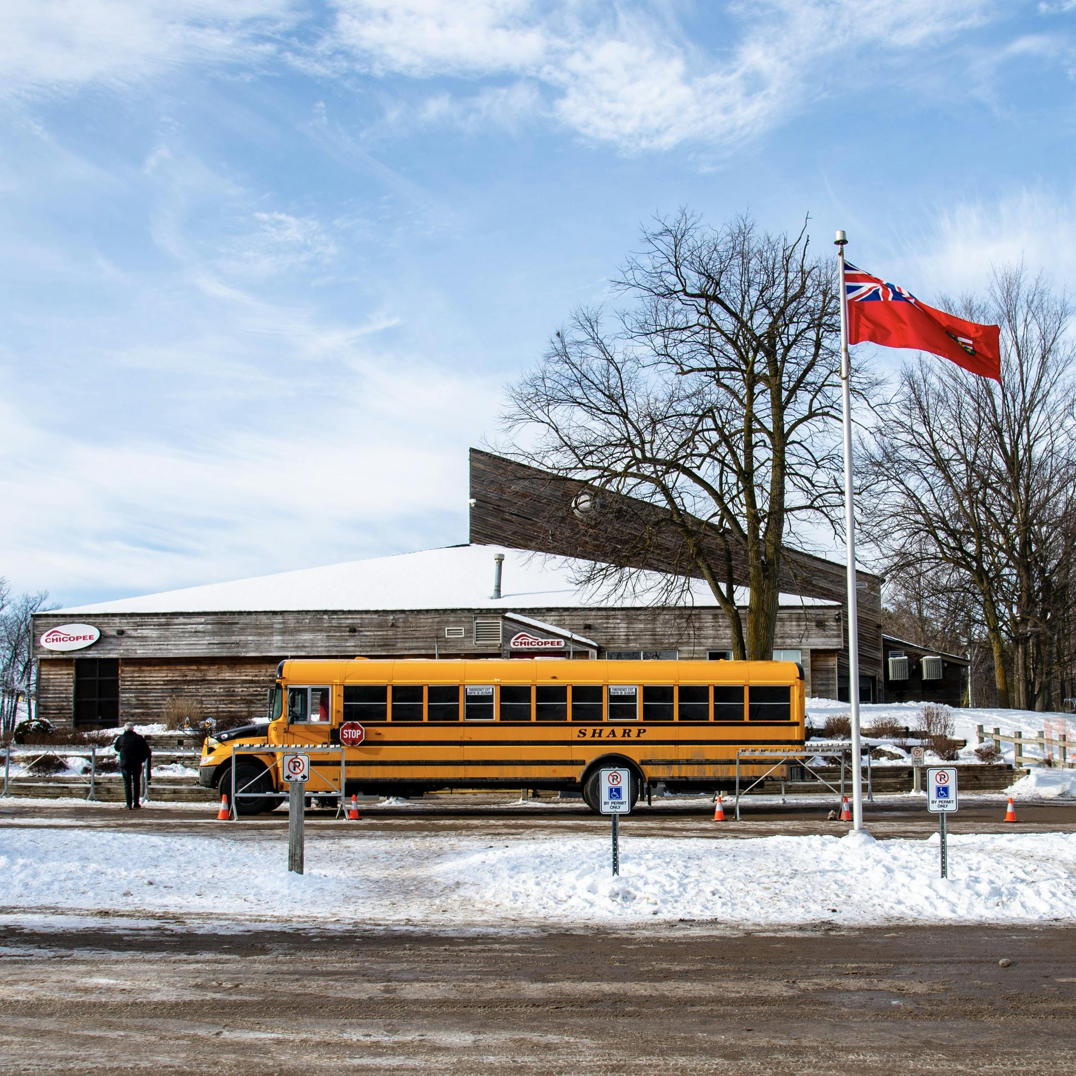 School bus parked outside the Chicopee chalet
