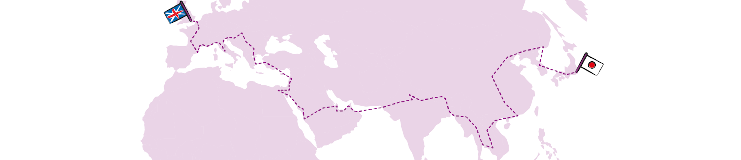 White and purple image of a map with a union jack flag over the UK and a flag over tokyo - dotted line between the two outlining the distance.