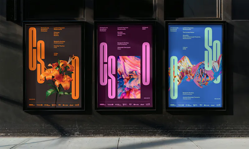 Set of 3 different street posters for CSO, all featuring a graphic that is inspired by the music, striking colours and the large CSO letterforms.

