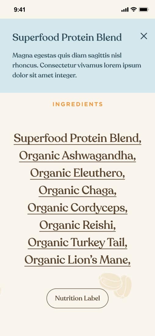 Ingredients page on mobile
