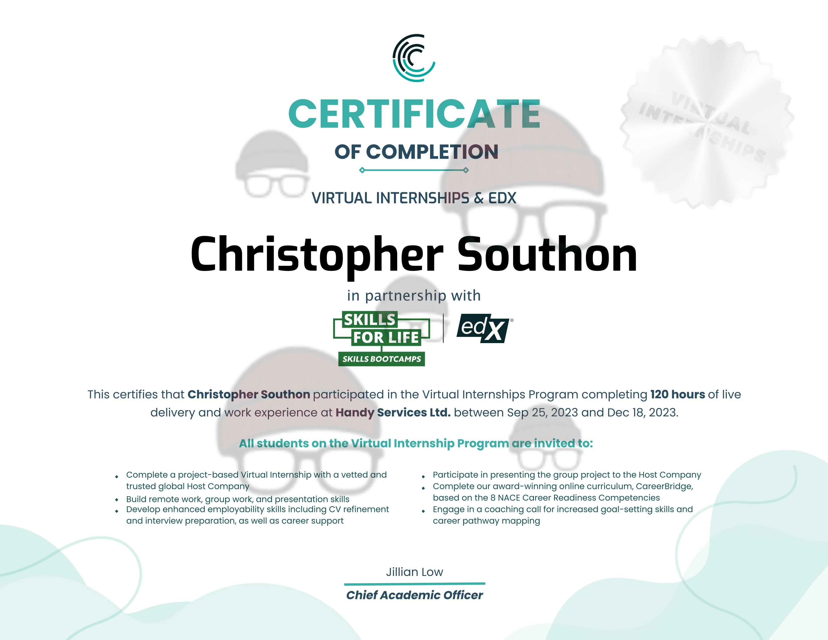 My virtual internship certificate