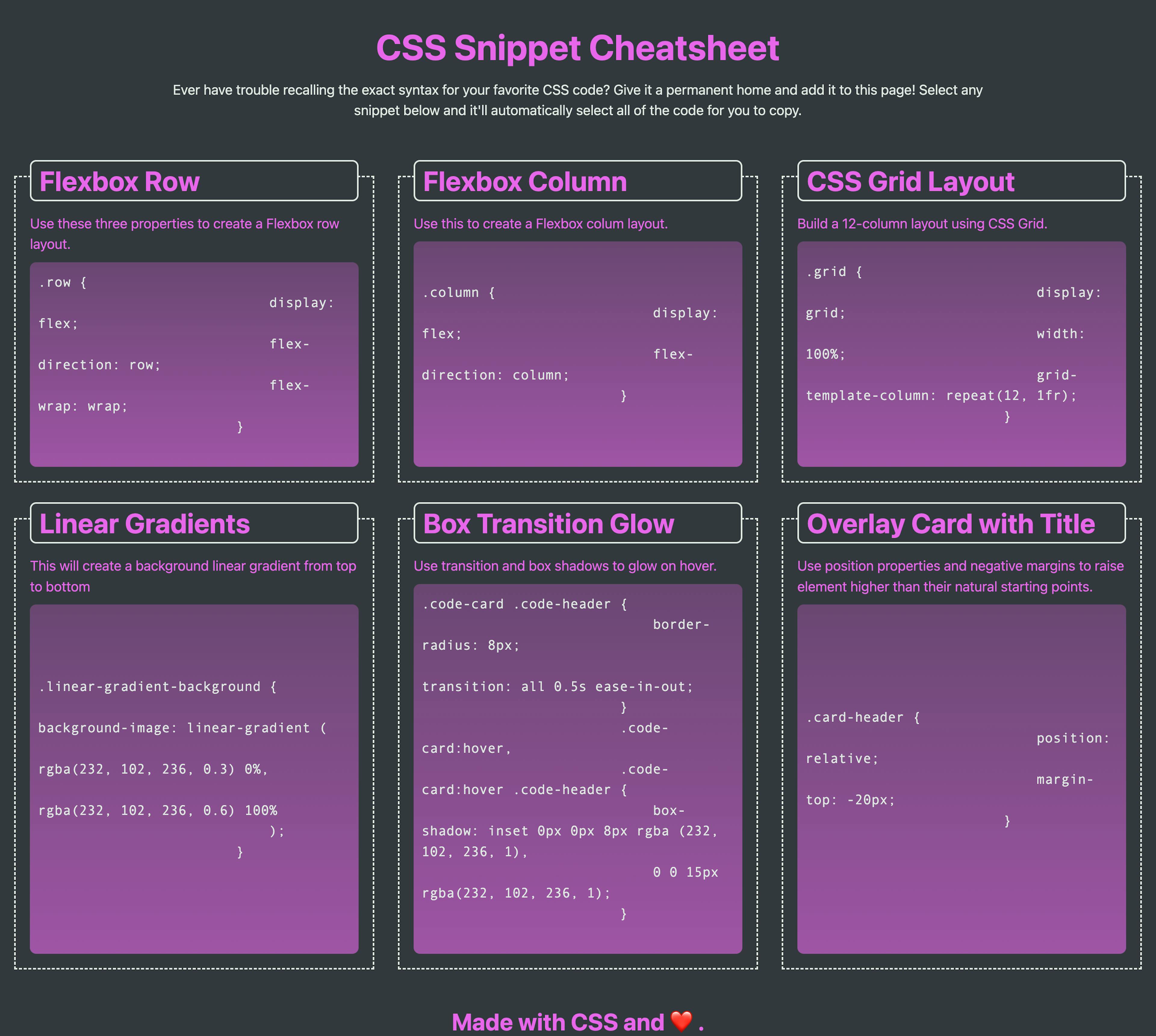 css snippet cheatsheet screenshot