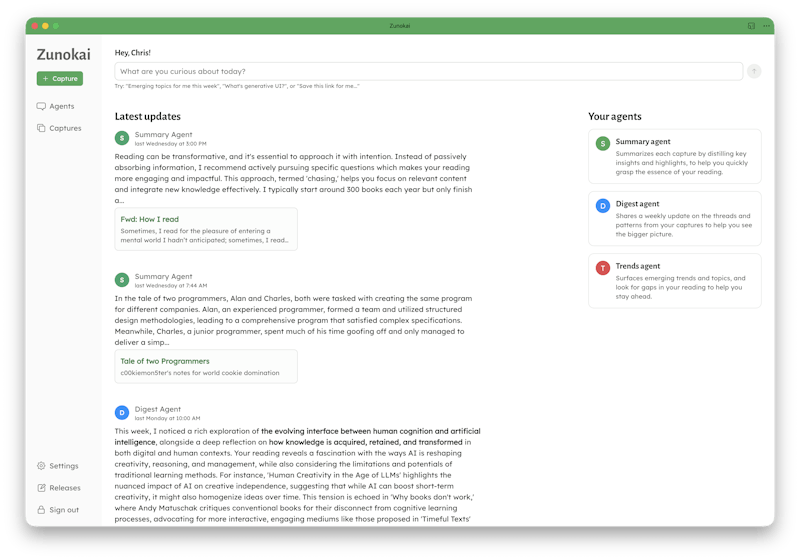 The homepage of the app – where my knowledge agents provide summaries and a weekly digest, and I can explore my content through conversation.