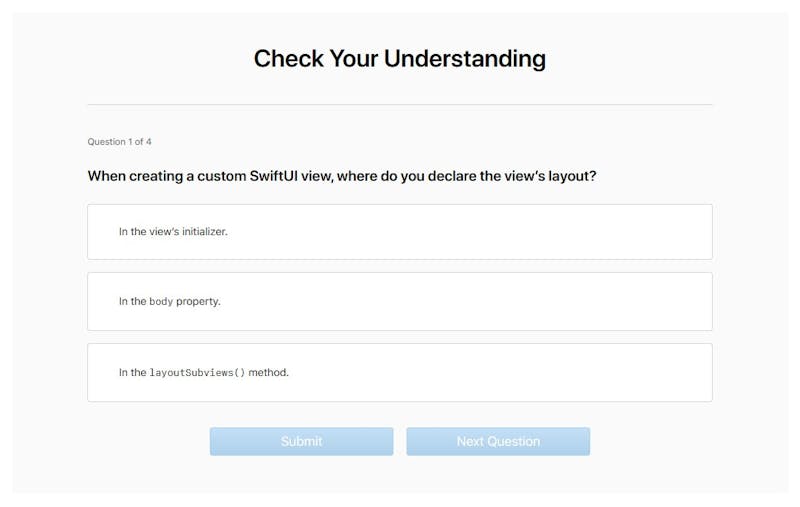 A screenshot of the Apple SwiftUI "Check your understanding" interactive quiz