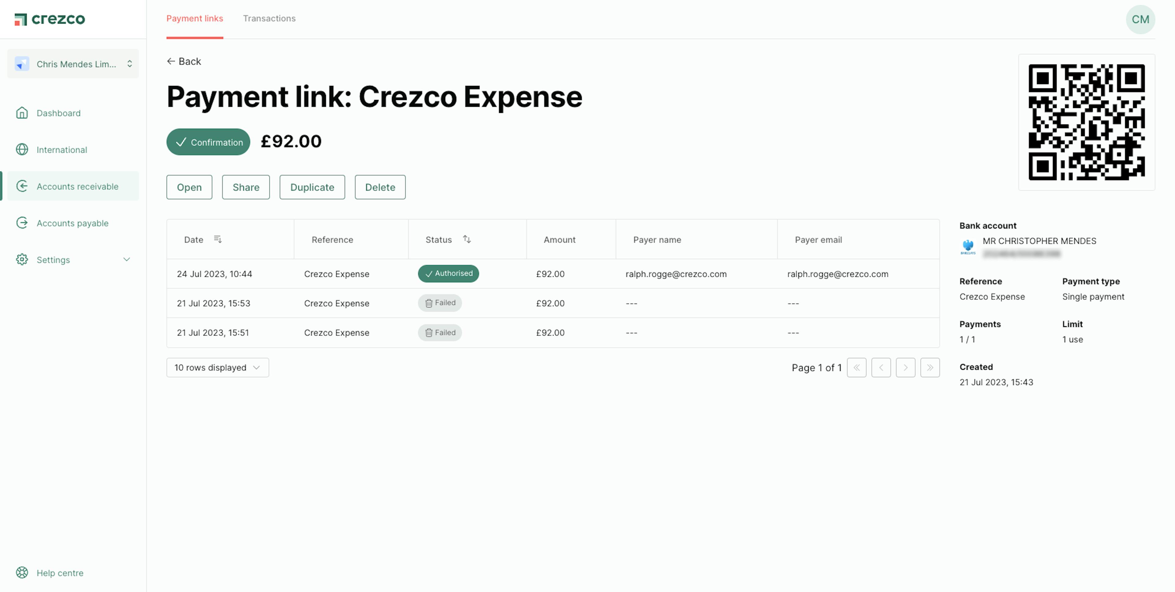 Crezco - Payment Link Details