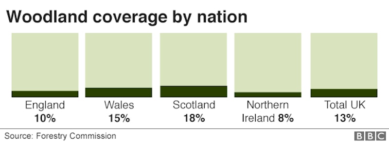 BBC chart on woodlan cover in the United Kingdom (England, Wales, Scotland, Northern Ireland) 