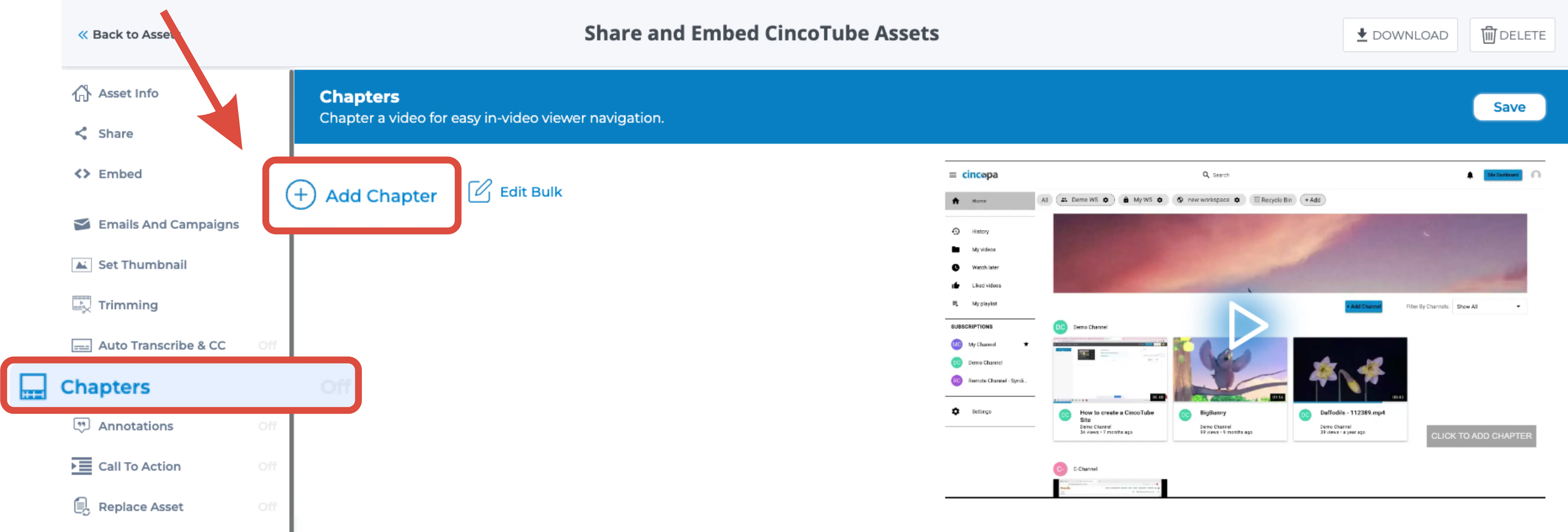 Once you are in the Video Settings, click Chapters and then click Add Chapter as shown below.