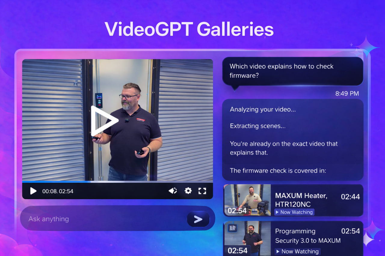 VideoGPT gallery search answering a question across multiple videos