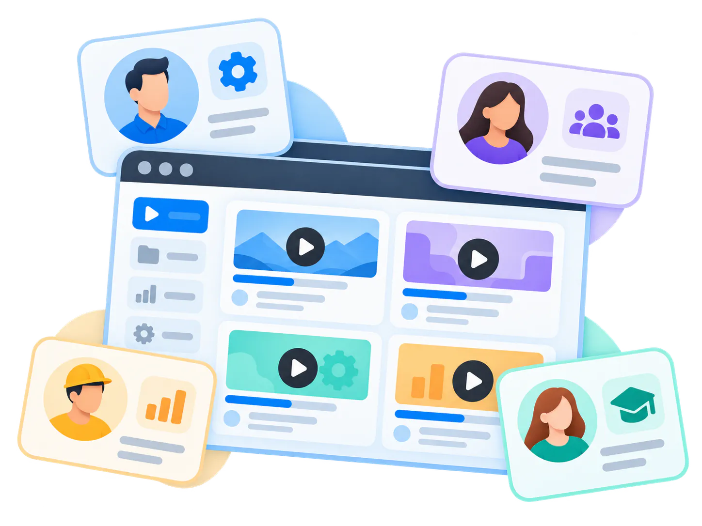 Role-based product learning dashboard guiding different audiences through relevant topics