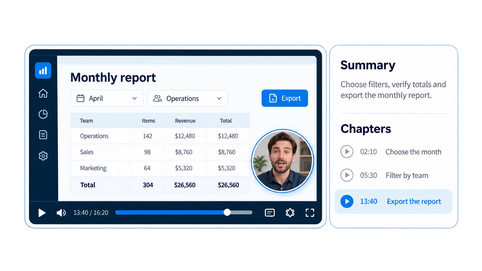 Conceptual monthly-report tutorial with a circular speaking instructor inside the video above the playback controls, alongside a summary and timestamped chapters.