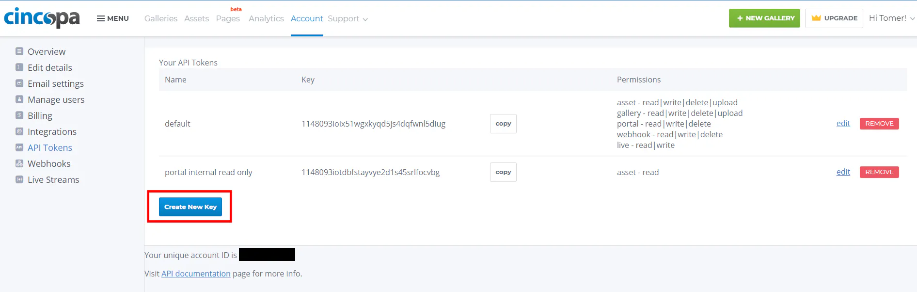 Cincopa Create New API Key