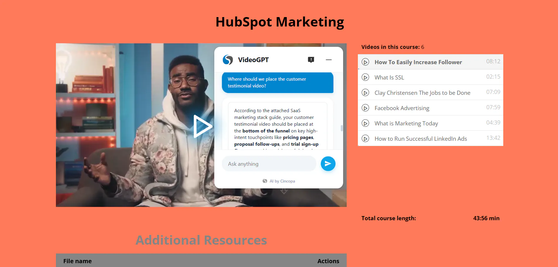 Online Video Course displaying a lesson, course playlist, VideoGPT conversation and additional resources.