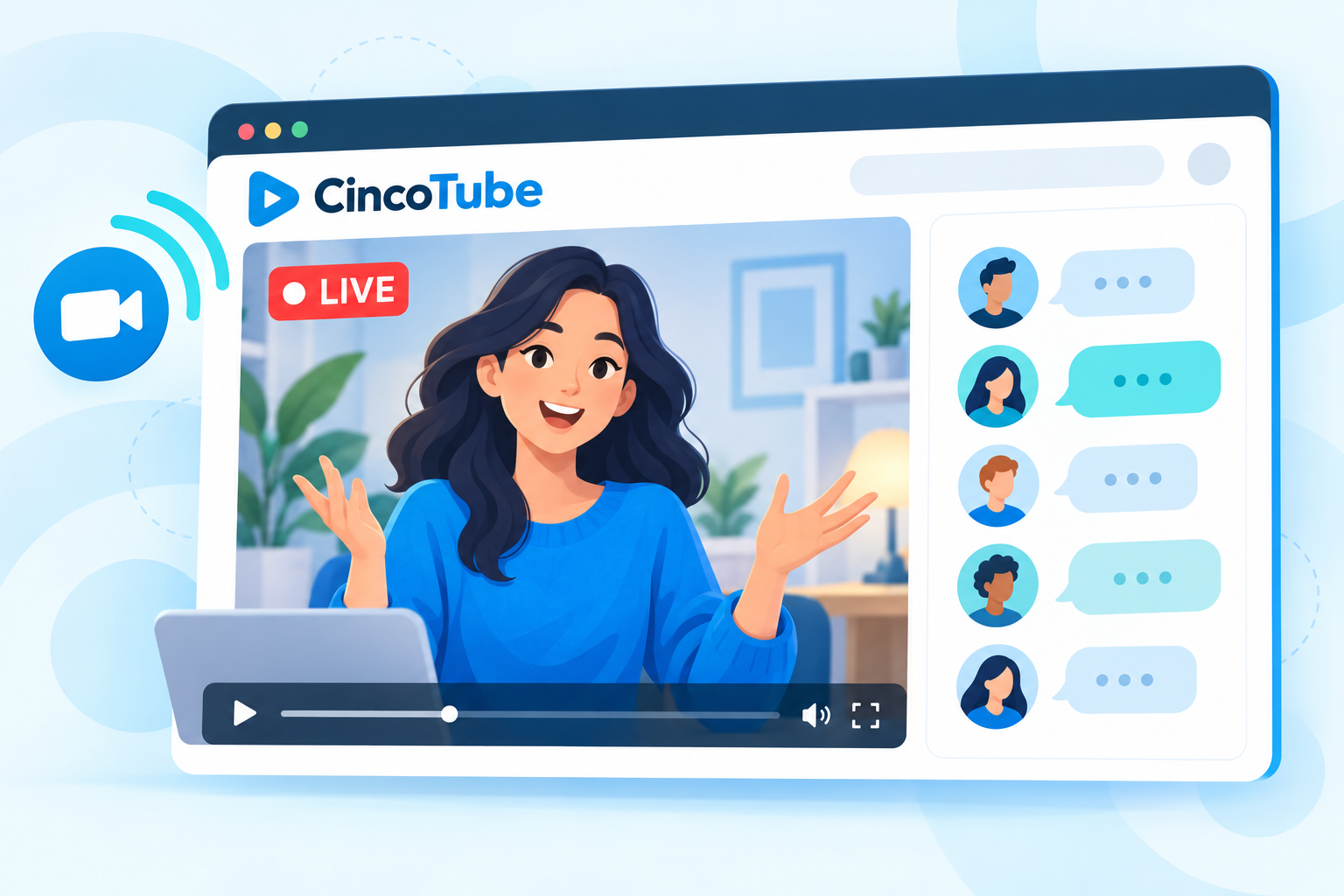 Illustration of a creator broadcasting live in a CincoTube video portal and interacting with viewers.