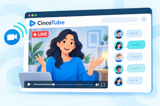 Illustration of a creator broadcasting live in a CincoTube video portal and interacting with viewers.
