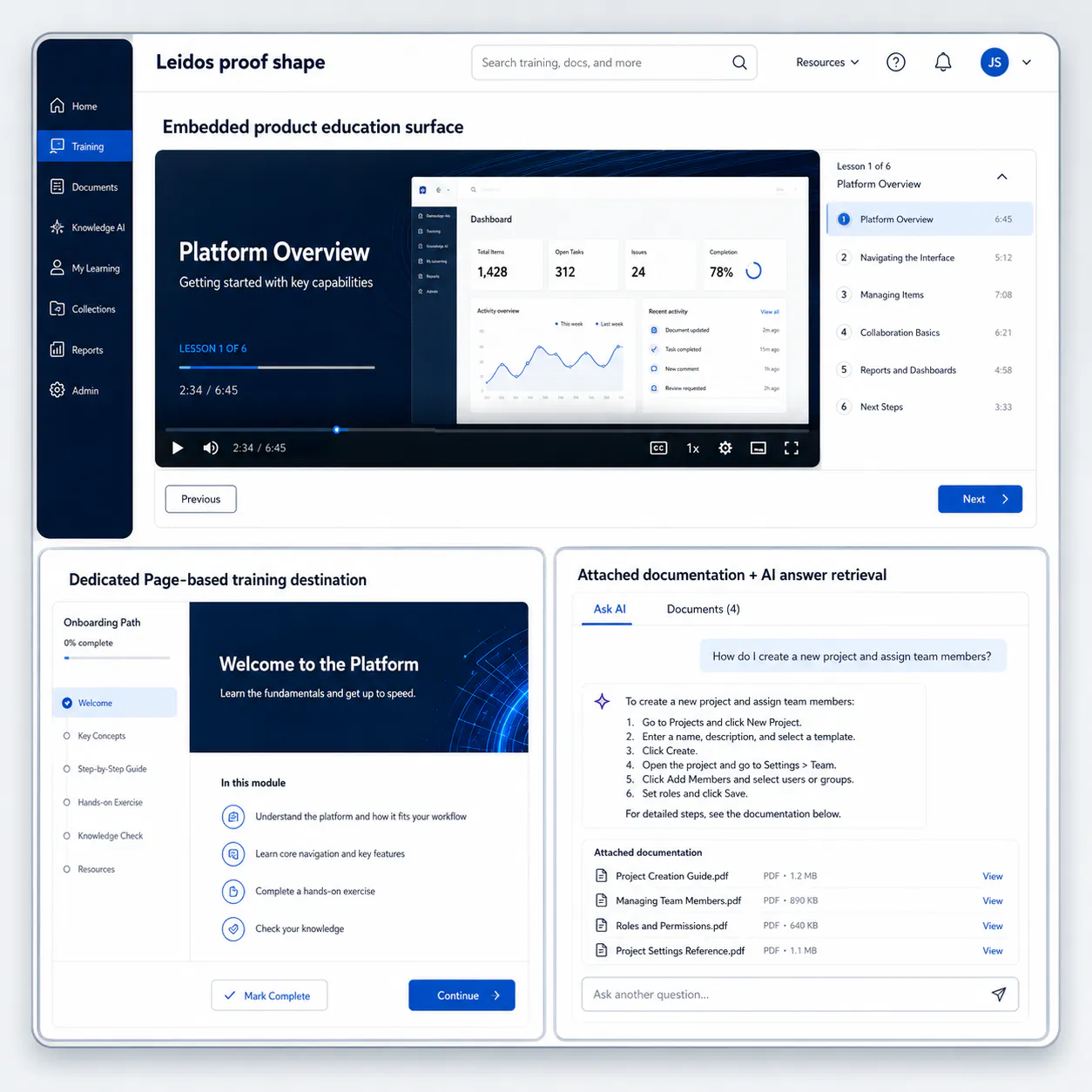 Leidos proof shape showing an embedded product education surface, a dedicated Page-based training destination, and attached documentation with AI answer retrieval