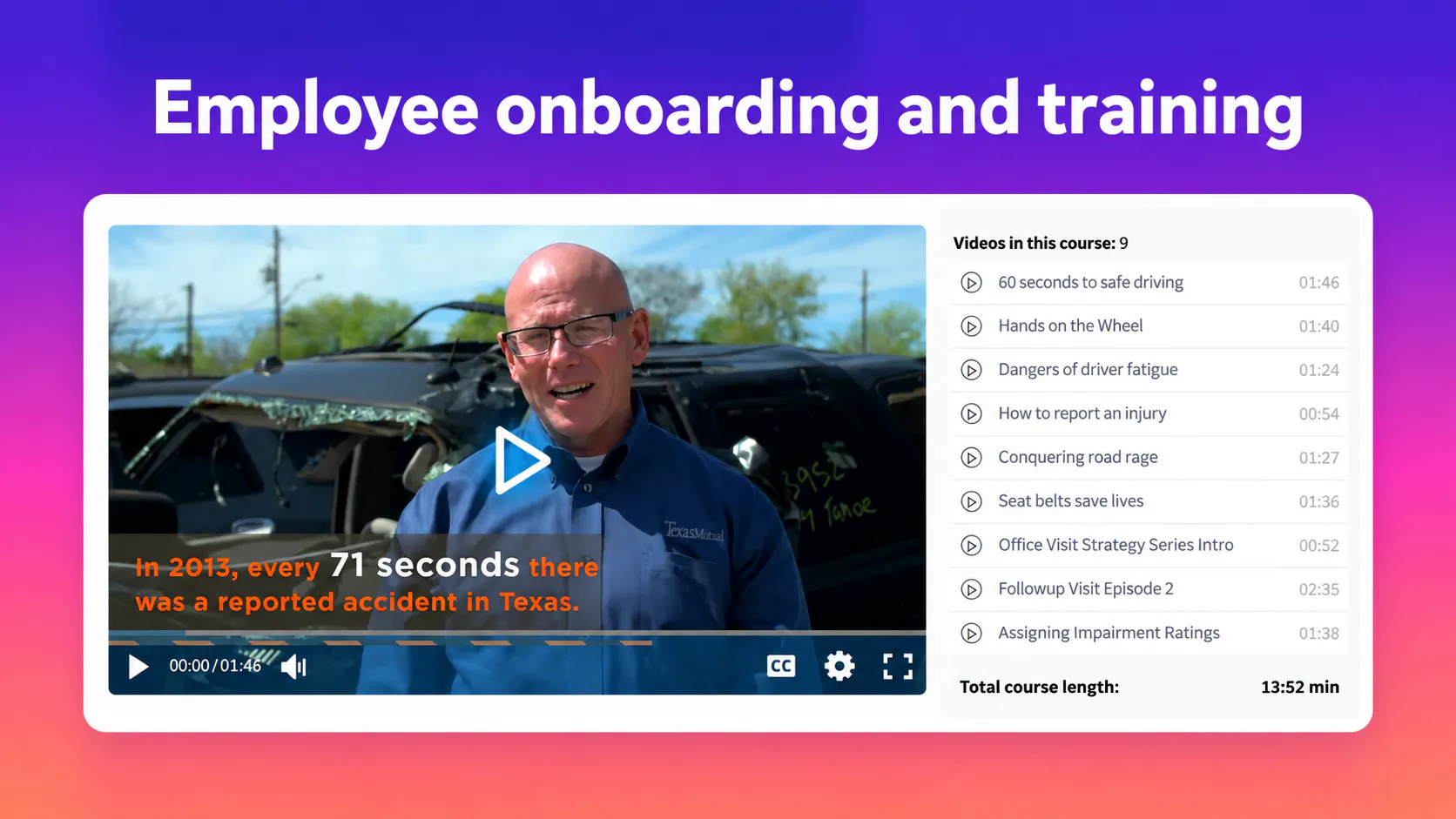Training-course player and lesson list displaying a workplace safe-driving video.