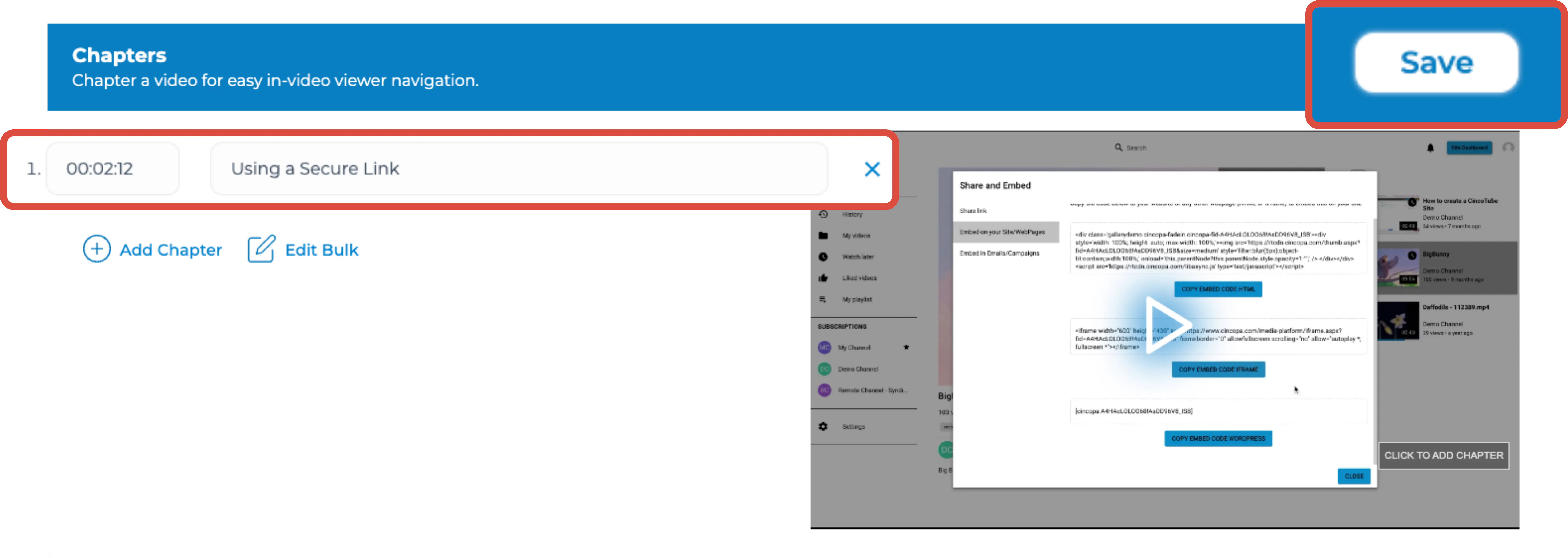Enter the start time and your chapter title. When done, click Save to save the changes. 