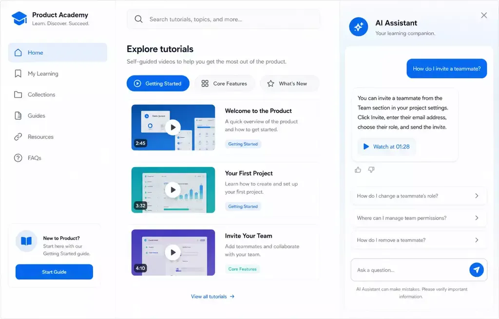 Product education tutorials showing how product workflows work with AI assistance