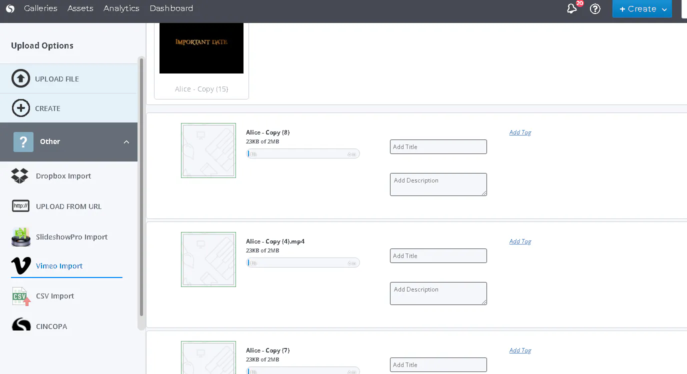 Import Assets using Vimeo importer